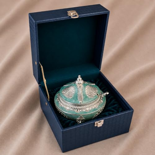 Image of Diviniti Silver Plated Peacock Sugar Pot with Lid | Decorative Storage Jar for Sugar, Mouth Fresheners & Small Essentials | Luxury Home Decor Item for Kitchen, Dining Table & Gifting (Teal Green)