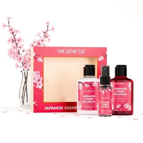 THE LOVE CO. Japanese Cherry Blossom Bath and Body Care Gift Set Box | Body Wash, Body Lotion and Mist | Pack of 3 | For Men and Women | Pampering Kit for Birthday ,Anniversary & All Special Occasions | Premium Gift Packaging 100% Vegan