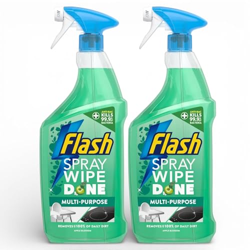 2 X 800ml Flash Spray Wipe Done ANTI-BAC APPLE BLOSSOM Multi-Purpose Cleaning Spray - Powerful Surface Cleaner Antibacterial Grease Remover & Fresh Apple Blossom Scent