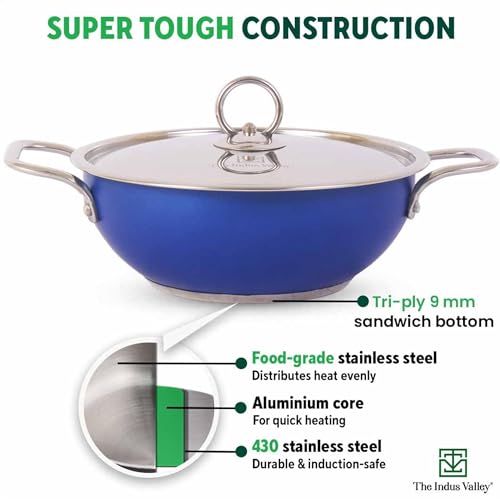 Image of The Indus Valley Coloured Stainless Steel Kadai with Steel Lid | Blue, Large, 28.8cm / 11.3 inch, 4.5Ltr, 1.2kg | Induction Friendly | Nonstick 3-Layer Bottom, 100% Toxin-Free, No Chemical Coating