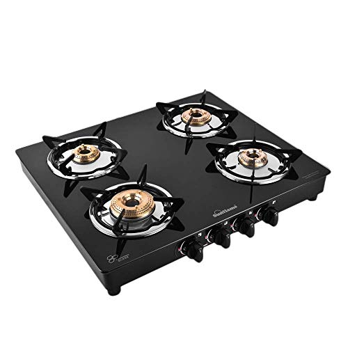 Sunflame NOVA 4 Burner Gas Stove with Toughened Glass Top, Powder Coated GP Sheet Base, Manual Ignition, 4 Brass Burner (2 Year Warranty, Black)
