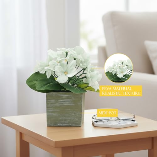 Image of KARP Artificial Potted Plants, 20Cm Height Mini White Hydrangea Flower Plant with Pots Home Decor, Indoor Artificial Ornamental Plant for Living Room, Office Desk & Bathroom, Decorative