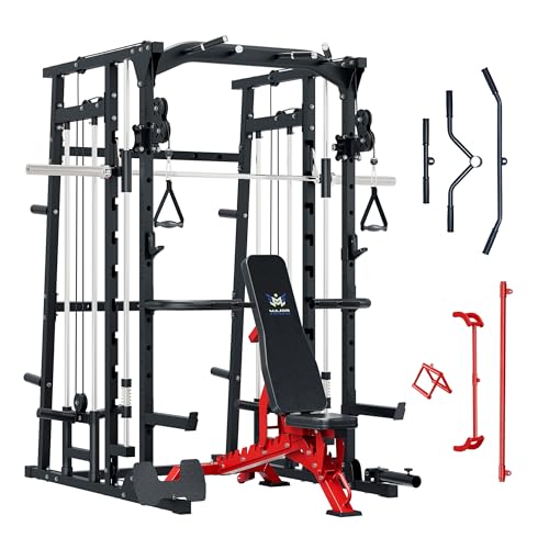 Major Fitness Machine with Weight Bench, SML07 All-in-One HOM Power Cage with Weight Bar and Two LAT Pull-Down Systems and Cable Crossover Machine, Exercise Attachment Black