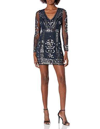 minuet Long Sleeve Allover 2-Tone Beaded Gown Vestido de Fiesta Formal, Azul Marino, M para Mujer