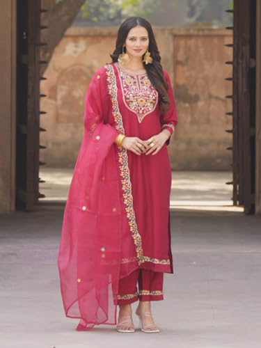 Image of VredeVogel Kurta Set with Dupatta | Viscose Rayon Embroidered Kurta Set for Women | Women's Ethnic Casual Kurti Set |Kurta Pant Festive Suit