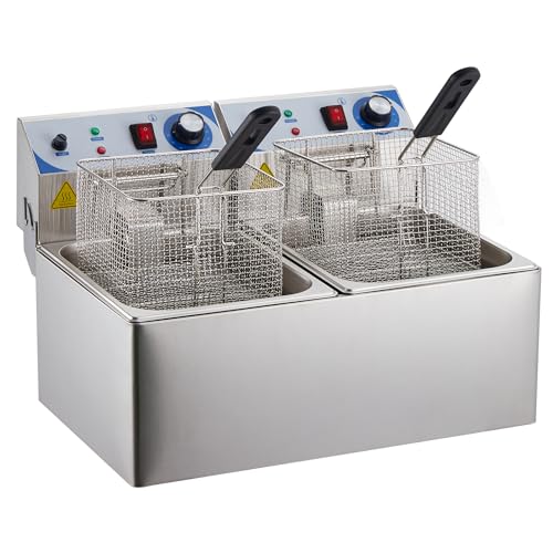 Electric Deep Fryer, 10 L x 2 Deep Fryer with Basket, Adjustable Temperature Control,Perfect for Fried Buffalo Wings, Shrimp, Nuggets, Chips & More,Stainless Steel,Sliver