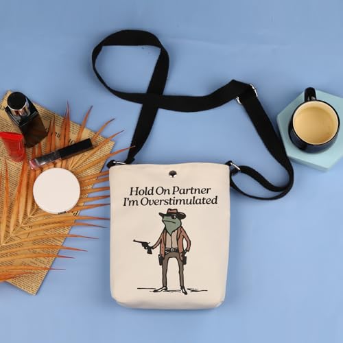 TOBGBE Funny Frog Meme Cowboy Frog Gifts Hold On Partner Im Overstimulated Messenger Bag Frog Meme4