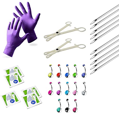 Mega Belly Button Piercing Kit 39 pc 14G Body Piercing Needles and Disposable Piercing forceps Clamps Set for Surgical Stainless Steel Belly Button Ring Navel Piercing 2 jewels