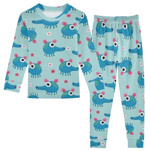 Pajama Sets Long Sleeve Blue Creatures Pig with Flowers Soft Comfy Sleepwear 2 Piece PJS 3-8T