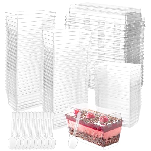 LDXDRU Lot de 100 Verrines Gobelets à Dessert en Plastique - 140 ml Mini Dessert Verrines Rectangulaires - Transparents - Réutilisables - Pour pudding,...