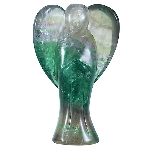 Nupuyai 3.0' Fluorite Stone Guardian Angel Statue for Prayer, Hand Carved Healing Crystal Pocket Angel Figurine with Heart-Shaped Wings