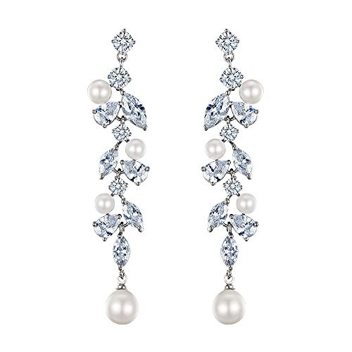 Clearine Pendientes largos de circonita cúbica, perlas de imitación de lágrima, para bodas y novias