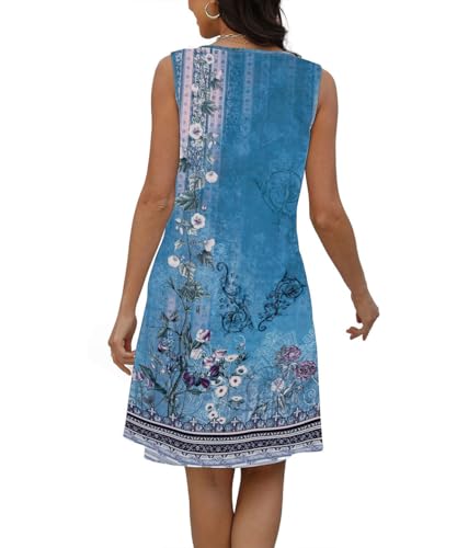 GRMLRPT Robe Été Femme de Plage Bohème Rétro Robes Col V Robes au Genou sans Manches Imprimé Floral Casual Tuniques Ample(Bleu,M) – vue 5