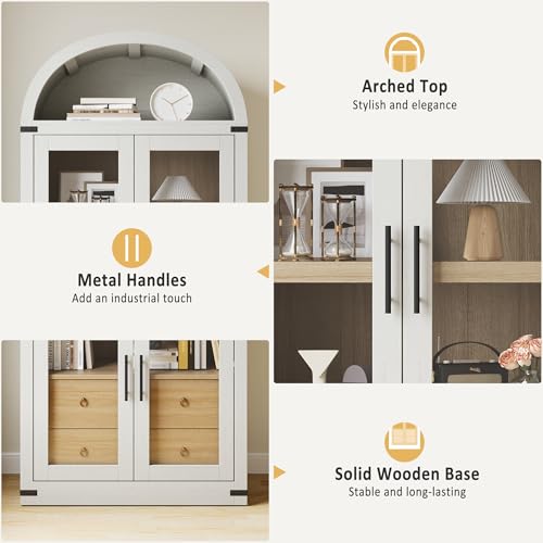 GarveeHome Arched Bookshelf with Doors and Drawers Farmhouse Bookcase 15.83in Depth Display Storage Shelves 71.4in Tall Wooden Display Cabinet Rounded Bookcases (White)