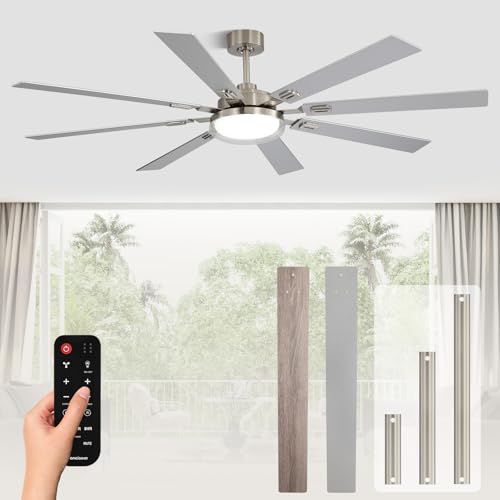 Image of 72 Inch Ceiling Fans with Lights and Remote, Living Room Office Industrial, 5CCT Dimmable, Dual Color 8 Blades, 6 Speed Reversible Quiet DC Motor, Double-Layer Lampshade, Sand-nickel /Wood Grain