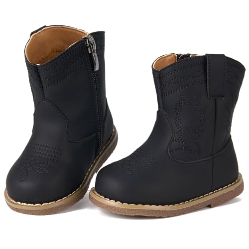 Newsonet Baby Cowgirl Cowboy Boots Western First Walker Shoes Boys Girls Round Toe Boots 6 9 12 18 24 Months All Seasons Black Size 12-18 Months Toddler