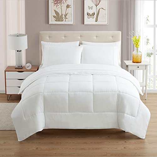 Sweet Home Collection 5 Piece Comforter Set Bag Solid Color All Season Soft Down Alternative Blanket & Luxurious Microfiber Bed Sheets, White, Twin XL