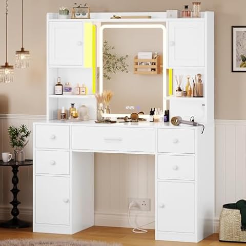 Tiptiper Large Vanity Desk with Mirror and Lights, Makeup Vanity with Lights and Charging Station, Vanity Table with Smart Mirror with Time Display, Makeup Table with 5 Drawers, White Cover
