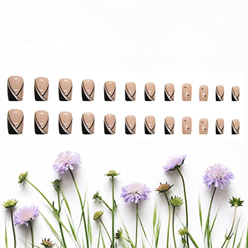 French Tip Press On Nails Square Medium Length False Nails Pink Full Cover Fake Nails With Black Tip Glitter Designs Acrylic Artificial Fingernails Coffin Shaped Nails Decorations For Women Girls #TOP4