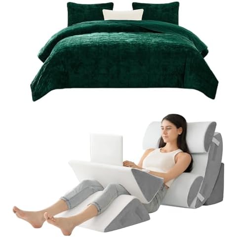 Hansleep 6PCS Orthopedic Bed Wedge Pillow for Sleeping and Velvet Quilt King Size Dark Green Cover