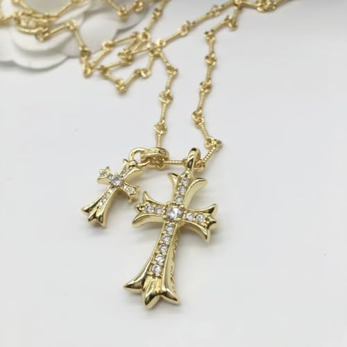 Double Cross Vintage CZ Diamond Cross Long Pendant Necklace 18k Gold Plated Choker Necklace for Women,Trendy Jewelry Gifts for Women.4