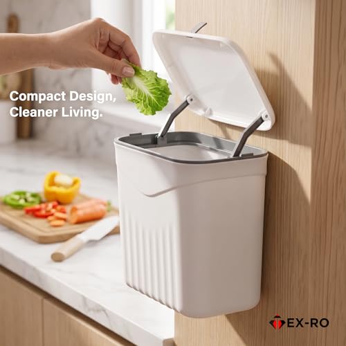 Image of TEX-RO Hanging Dustbin for Kitchen with Lid, 9L Wall Mounted Dustbin for Home with 2-Way Lid Opening, No-Drill Cabinet Door Hanging Trash Can, Plastic Waste Bin for Bathroom Bedroom Office (White)