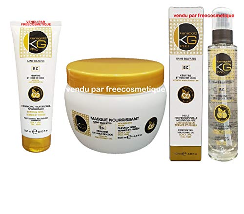 KERAGOLD PRO – Traitement Complet Sans Sulfates Gamme AB – Shampoing 250ml + Masque 500ml + Sérum 100ml – Kératine & Huile de Coco – Nutrition, Réparation & Douceur