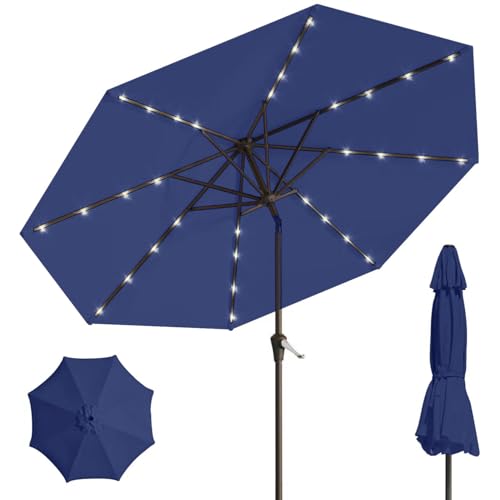 Image of 9' Solar LED Patio Umbrella with Tilt & Crank|8 Sturdy Ribs,UV Protection,Outdoor Market Table Umbrella for Deck,Lawn,Pool,Backyard(Navy)