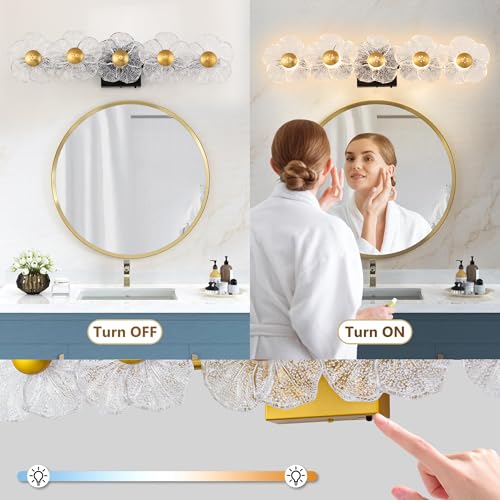 Image of MantoLite 26.7'' Bathroom Light Fixtures Modern Vanity Light Over Mirror Adjustable 3000K-6000K Picture Lights Art Light with Floral Clear Glass Shades for Living Room Bedroom (5 Light Black)