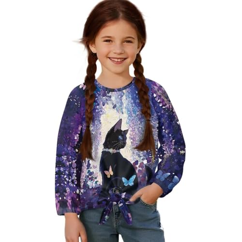 Xoenoiee Girls Long Sleeve Shirts Cute Kids Fashion Crew Neck Tunic Tops Tie-Hem Tees Size 5-12