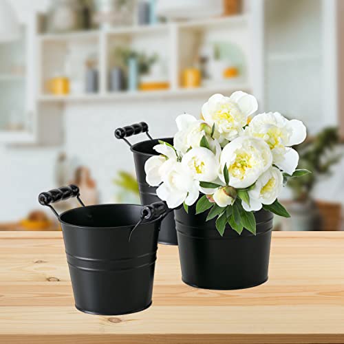 WHW Whole House Worlds Farmers Market Planters Set of 3 Turned Wood Handles Black Zinc Rolled Top Rustic Country Style Cache Pot Containers 675 625 and 55 Inches