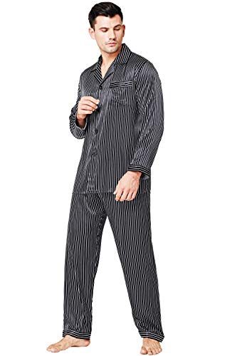 Image of Lonxu Pajamas Set Mens Silk Satin Pajamas Long Sleeve Loungewear Two-Piece Sleepwear Button-Down Pj Set S-XXXXL