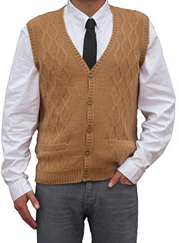 TINKUY PERU - Peruvian Alpaca Wool - Men´s Knitwear V-Neck Jacquard Vest Sweater Waistcoat - Camel (XX-Large)