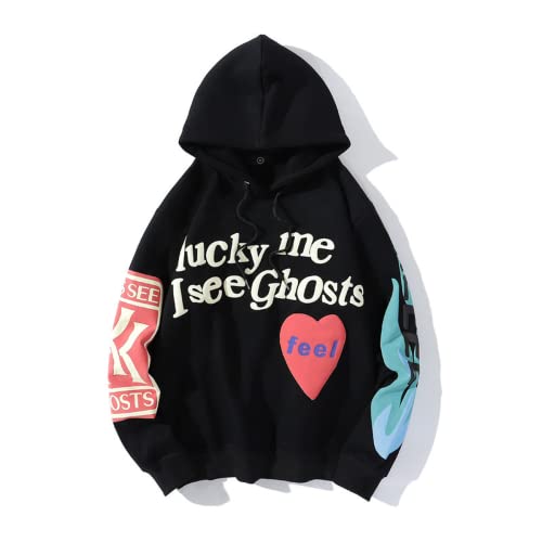 Kanye Lucky Me I See Ghosts Hip Hop Mens Pullover Hoodie Womens Fashion Loose Sweatshirt for Men and Women (Medium, Black)