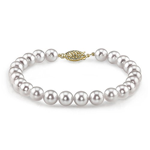 The Pearl Source 14K Gold 5.5-6Mm Round White Japanese Akoya Saltwater Cultured Pearl Bracelet For Women #TOP7