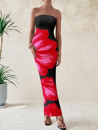 Image of PRETTYGARDEN Women Summer Strapless Maxi Dress Bodycon Floral Sexy Long Wedding Guest Dress Formal Tube Mesh Cocktail Dresses