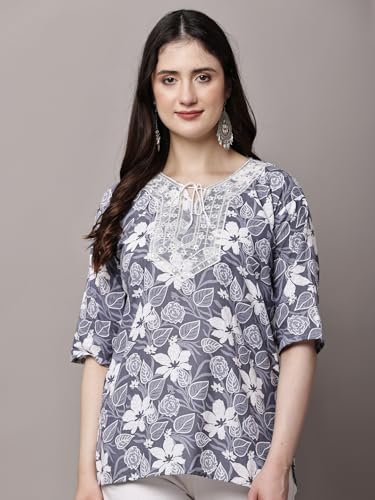 Image of Women's Red Printed Short Kurti with Lace Trim, 3 /4 Sleeves, Round Neck, Ethnic Style
