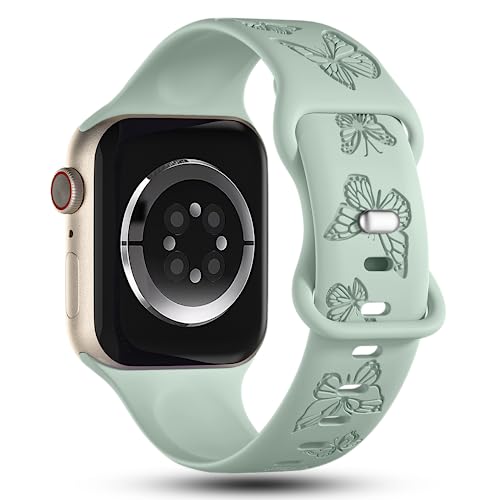 Image of Butterfly Engraved Bands Compatible with Apple Watch Band 41mm 40mm 38mm 49mm 46mm 49mm 46mm 45mm 44mm 42mm Women, Silicone Sport Strap for iWatch Series SE 10 9 8 7 6 5 4 3 2 1 SE Ultra