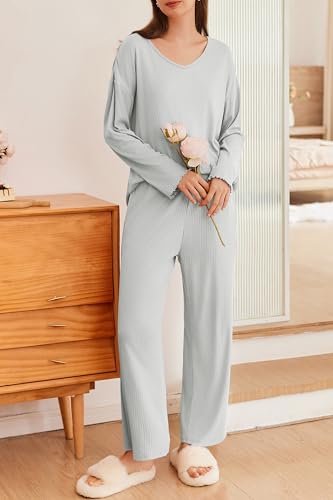 Ekouaer 2 Pack：Womens Ribbed Knit Pajama Set with Pockets Long Sleeve PJs V Neck Soft Loungewear Loose Matching Outfits Set3