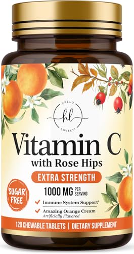 Vitamin C 1000mg Per Serving - Extra Strength with Rose Hips Bioflavonoids - Sugar Free Vitamin C Chewable Pills Vit C Supplement for Immune Support & Antioxidant USA Bottled - 120 Chewable Tablets