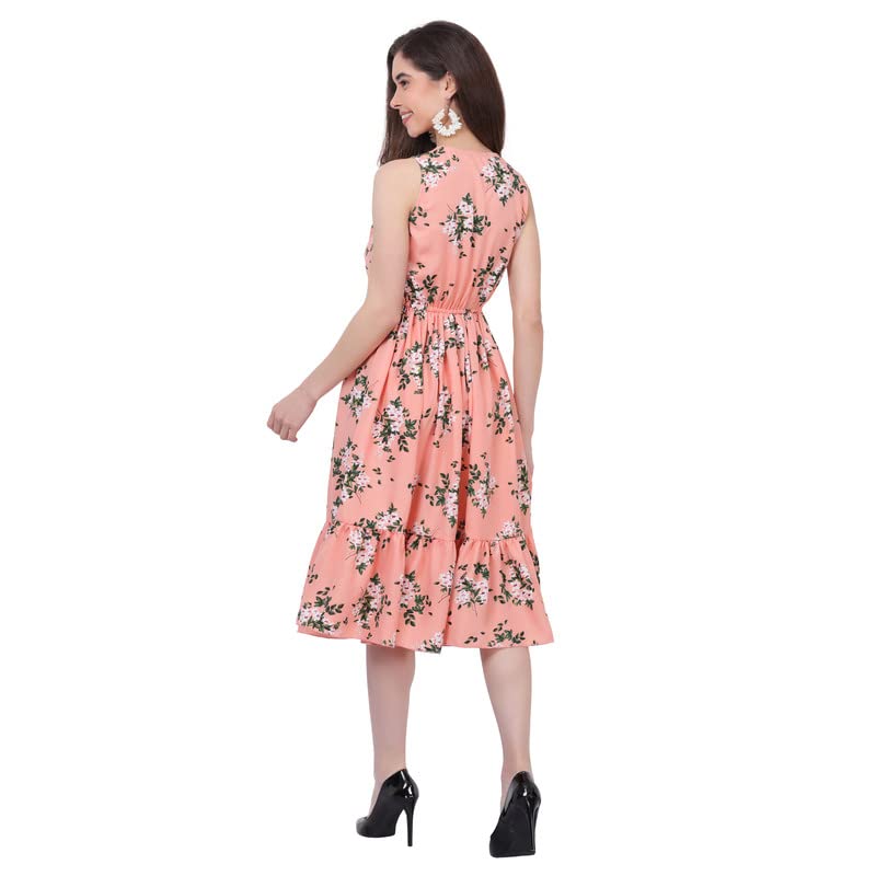 Image of Women's Crepe A-Line Knee Length Dress | Western Sleeveless Dress for Girls | Flared Frock | Frill Midi | Knee Gown