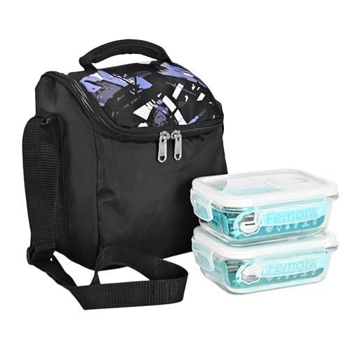 Image of Femora Borosilicate Glass Container Lunch Box with Bag for Office, School, Black, Rectangular, 400 ML (2 Container+ 1 Bag)