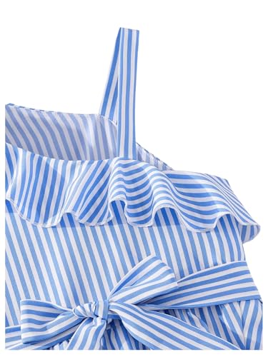 SweatyRocks Girl's Striped Warp Ruffle Trim Belted High Waist Asymmetrical Neck Flared Midi Dress4