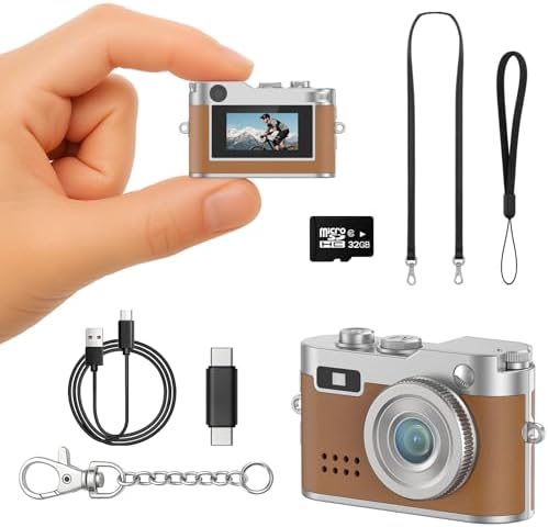 Mini Retro Camera with 1080P Video, 12MP Photos, Keychain Digital Camera, Ultra-Compact Tiny Camera with 32GB SD Card, OTG Adapter, Vintage Little Cameras for Travel, Daily Vlogging, Brown