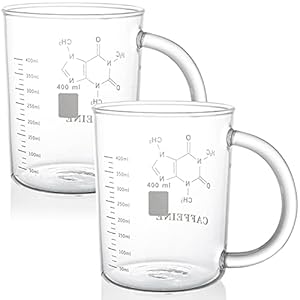 Suwimut 2 Pack Caffeine Beaker Mug Caffeine Molecule Mug, 16 oz Borosilicate Glass Chemistry Mug Coffee Mugs with Handle and Measuring for Tea, Coffee, Latte, Hot and Cold Beverage