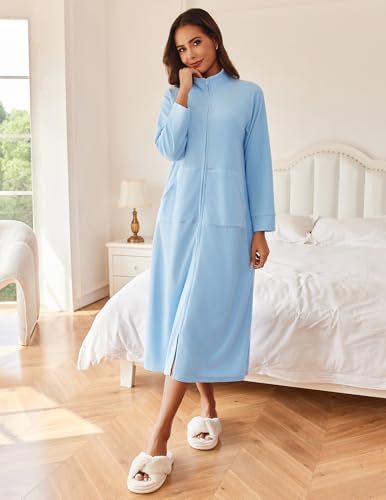 Image of Ekouaer Women Zipper Robe Long Sleeves House Coat Soft Bathrobe Sleepwear with Pockets Housecoat Loungewear