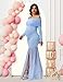 JustVH Maternity Long Sleeve Off Shoulder Baby Shower Dress Party Mesh Paneled Split Maxi Photography Gown for Photoshoot Blue