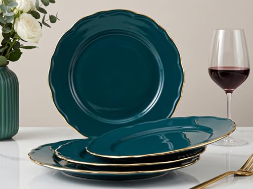 Image of Bodhi House 4-Piece Gold Rim Porcelain Quarter Plates Set | Snack & Dessert Plates | Lightweight, | Dishwasher Safe | Elegant Tableware for Dining, Parties & Gifting | Teal