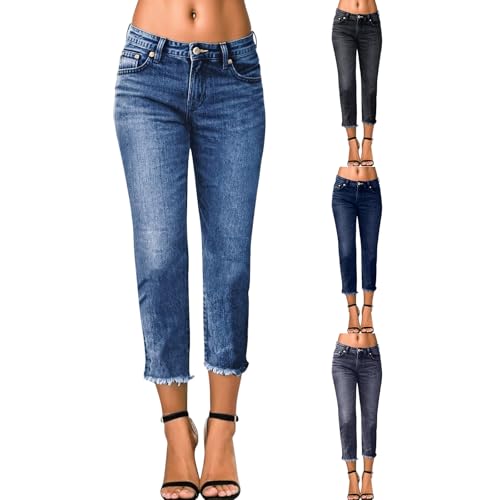Capri Jeans for Women Stretch Crop Mid Rise Skinny Jeans Button Fly Raw Hem Curvy Dressy Straight Leg Denim Joggers