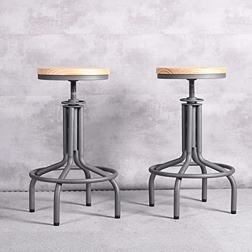 Fubiruo Set Of 2 Industrial Bar Stools Vintage Counter Height Bar Stools Swivel Metal Farmhouse Kitchen Bar Stool Adjustable Height Dining Chairs 22-28 Inch, Silvery Wooden Top Bar Stool #TOP7